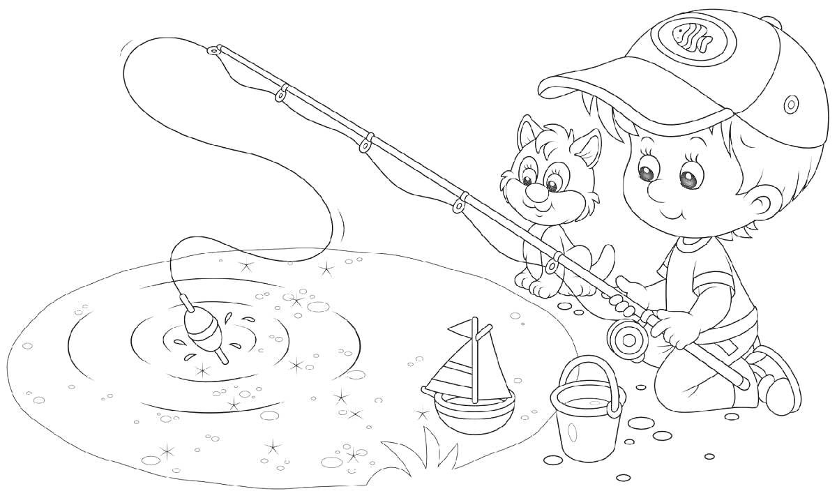 На раскраске изображено: Мальчик, Рыбалка, Удочка, Кот, Озеро, Природа, Вода