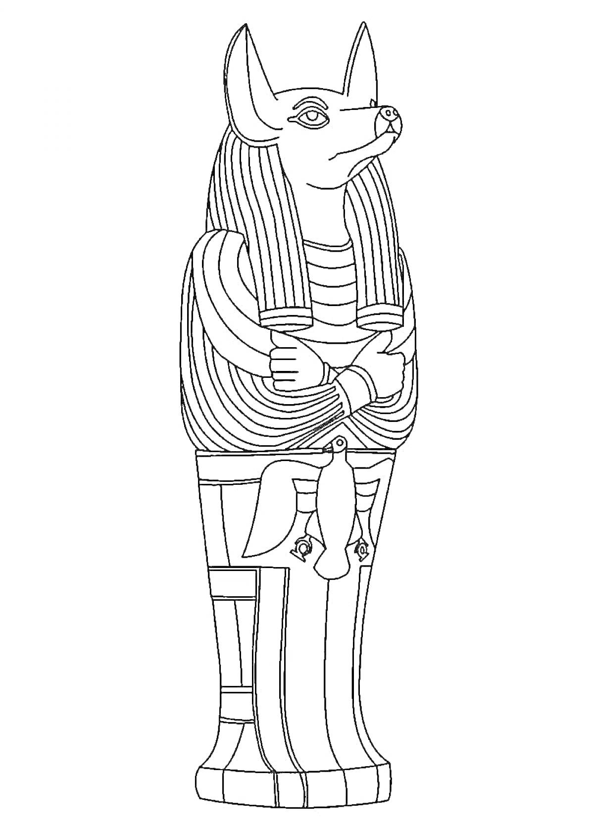 На раскраске изображено: Анубис, Шакал, Древний Египет, Статуя, Артефакт, Исторический персонаж, Египетская мифология, Мифические существа