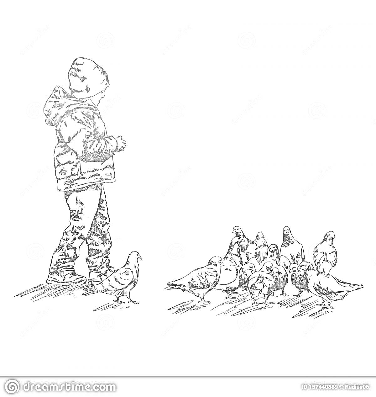 На раскраске изображено: Мальчик, Ребенок, Голуби, Зима, Одежда, Шапка, Куртка, Штаны, Природа