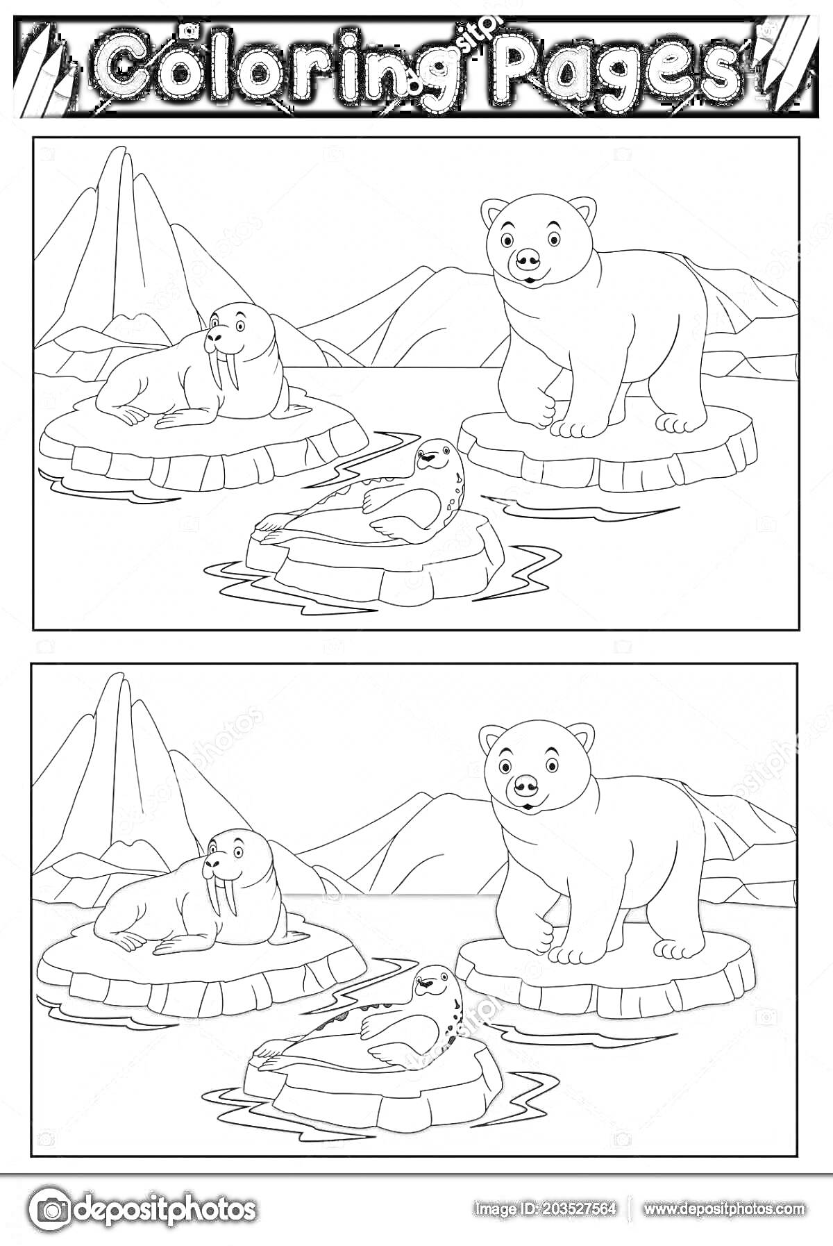 На раскраске изображено: Арктика, Белый медведь, Морж, Тюлень, Льдины, Зима, Северные животные, Ледяной пейзаж