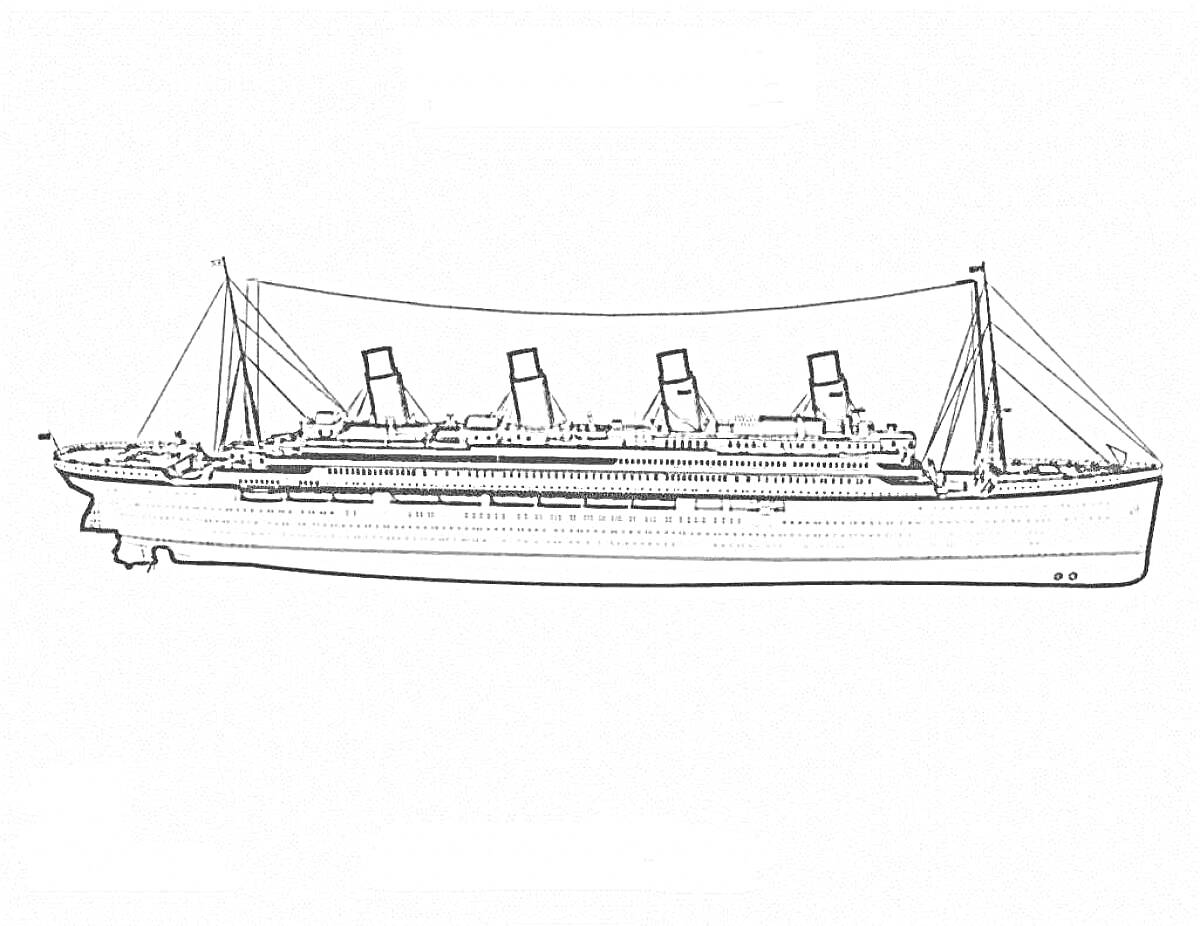 На раскраске изображено: Титаник, Корабль, Лайнер, Морской транспорт, Для детей