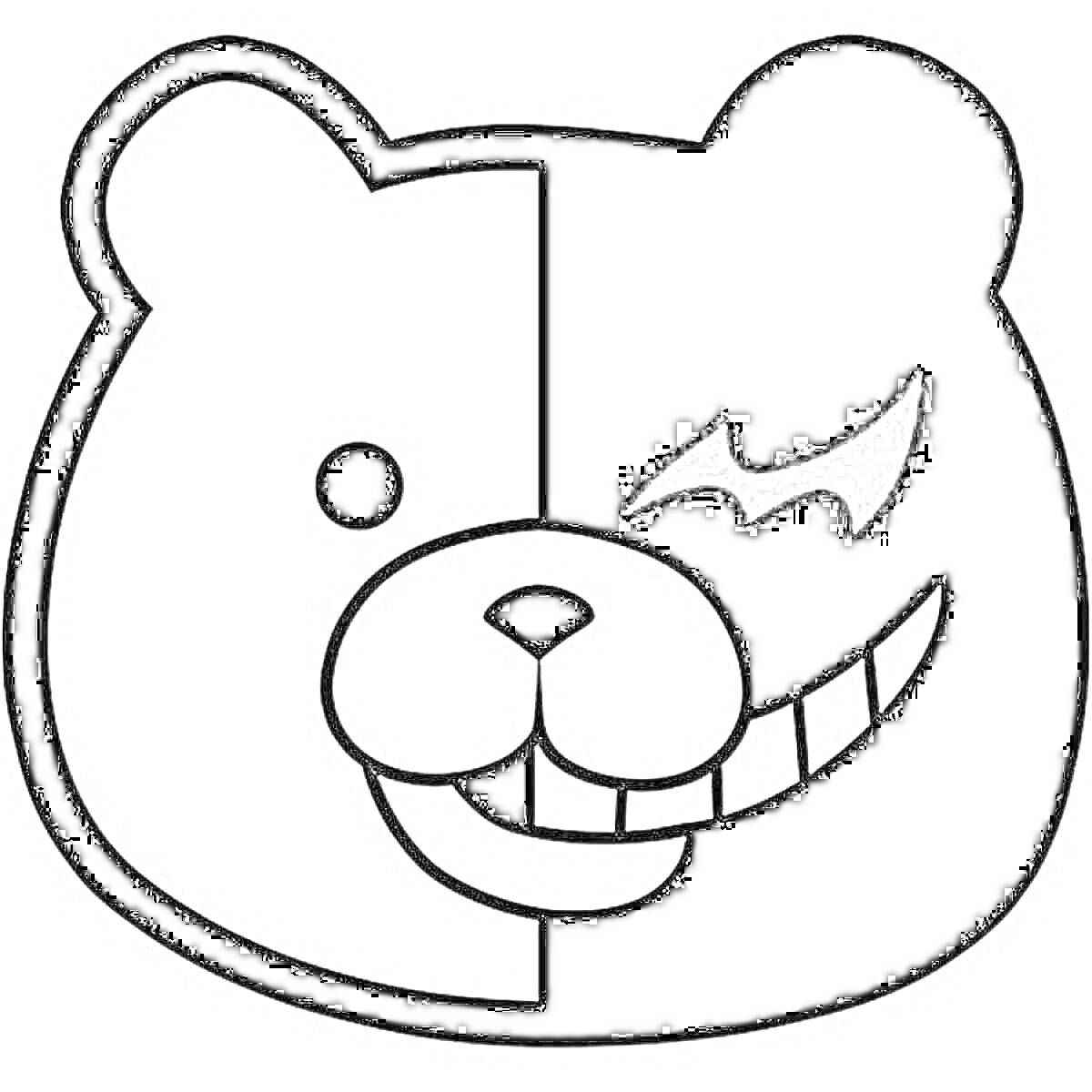 Раскраска Половина медведя черного цвета с глазом и ртом, другая половина белого цвета с глазом