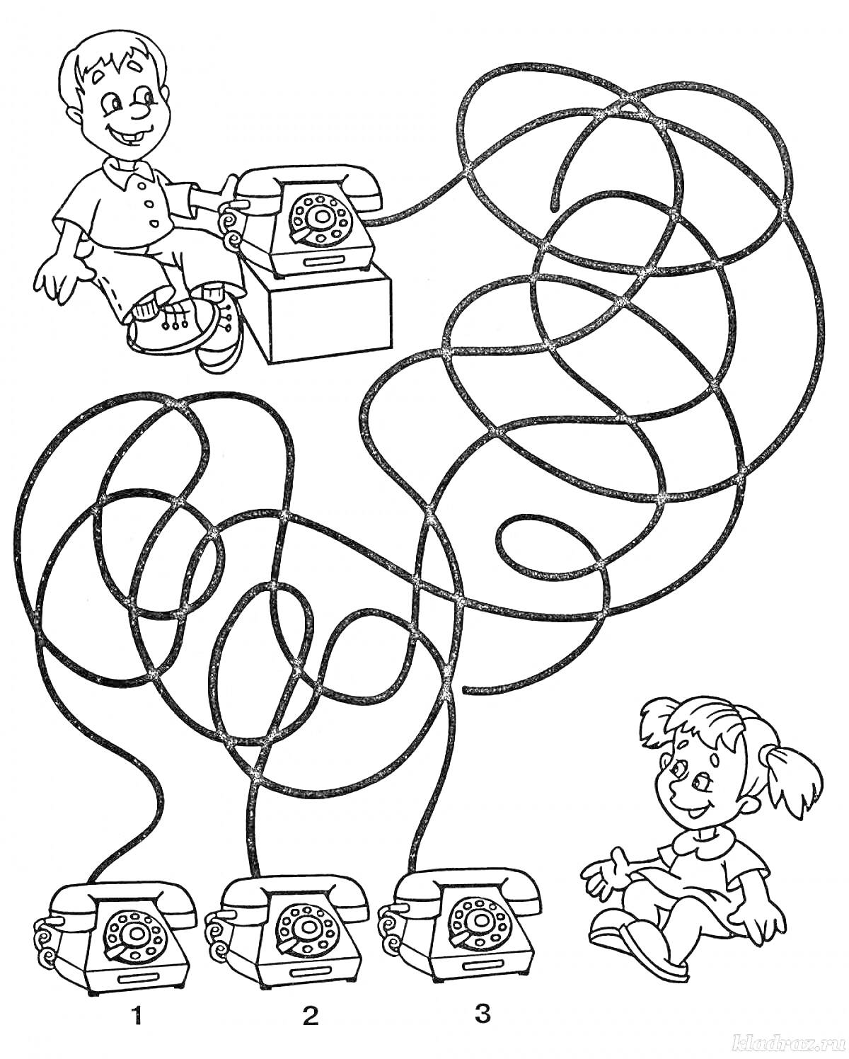 Раскраска Раскраска с двумя детьми и тремя стационарными телефонами, соединёнными проводами-labyrinth
