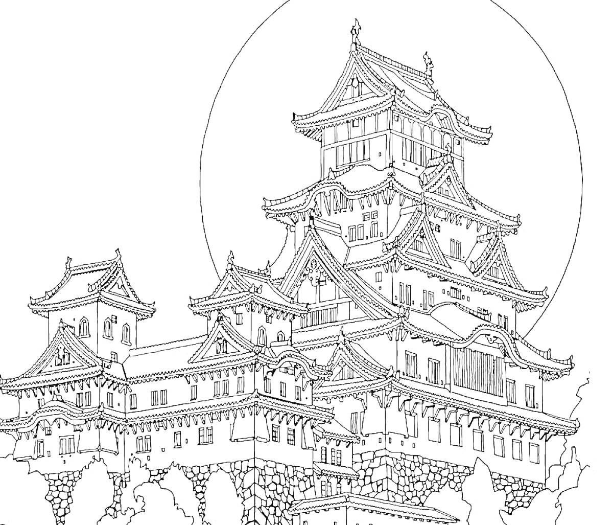 Традиционный китайский замок с большим солнцем на заднем плане
