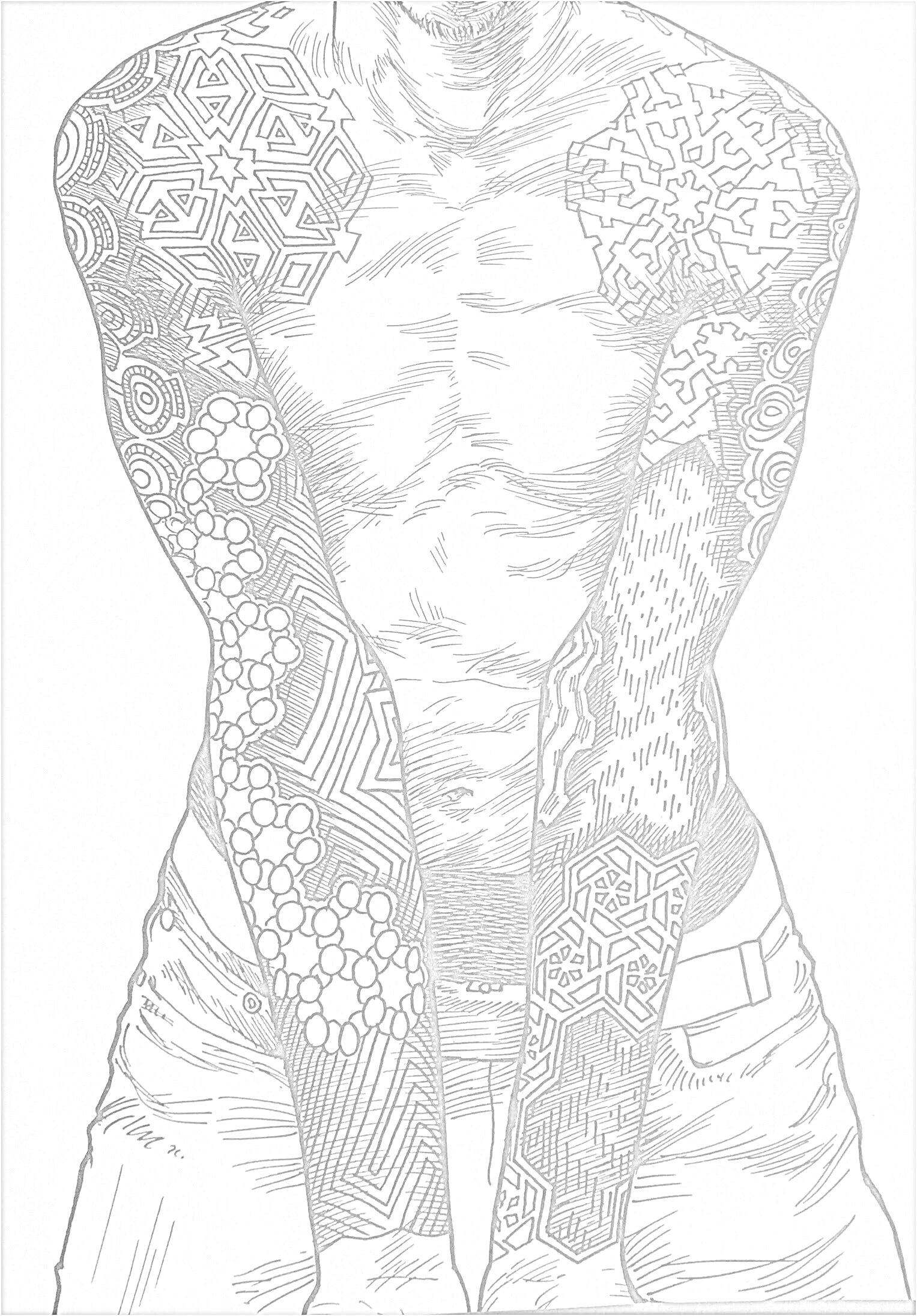 На раскраске изображено: Мужчина, Татуировки, Абстрактные узоры, Руки, Плечи, Грудная клетка, Джинсы