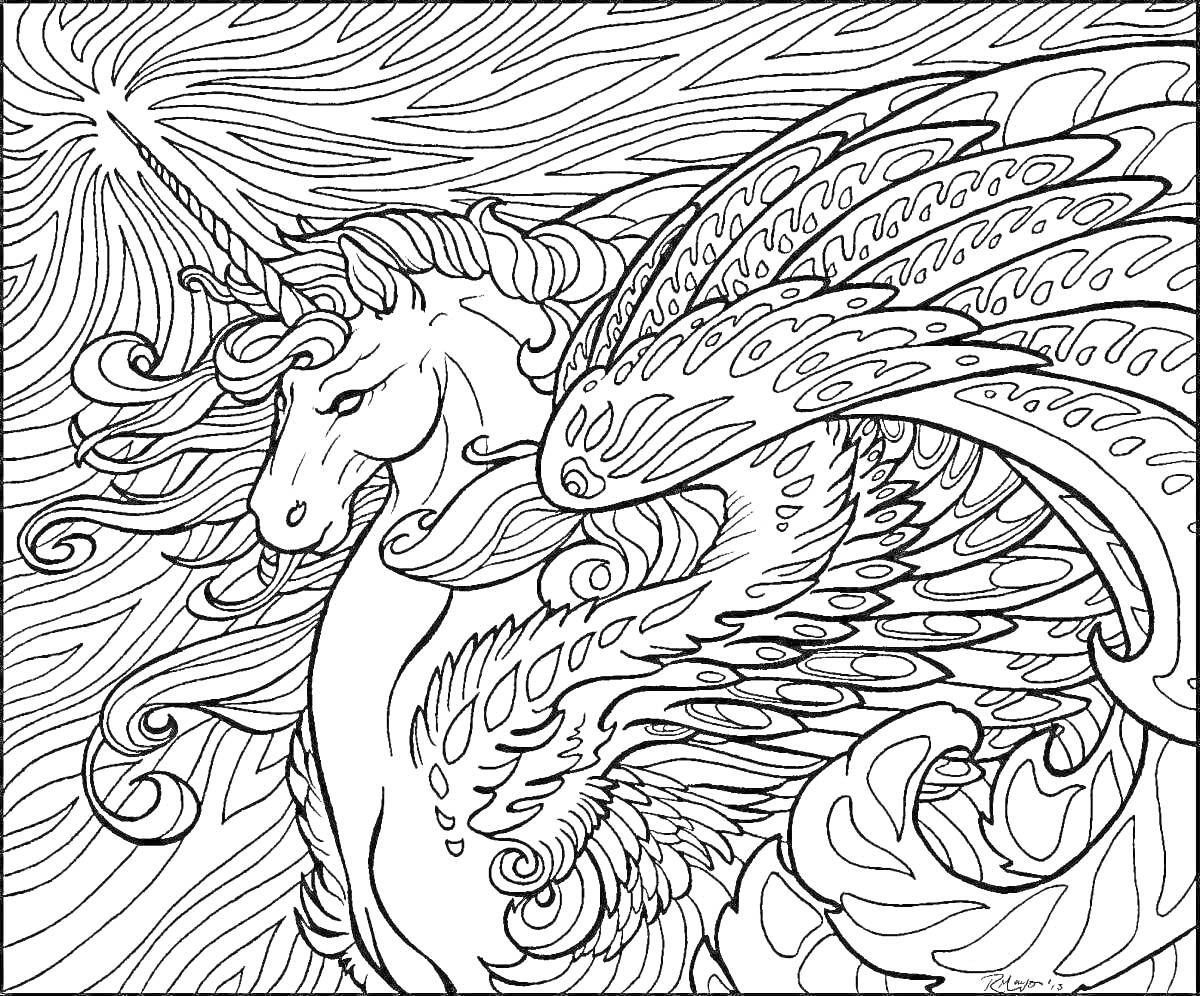 На раскраске изображено: Феникс, Крылья, Абстрактные узоры, Мифические существа, Единороги