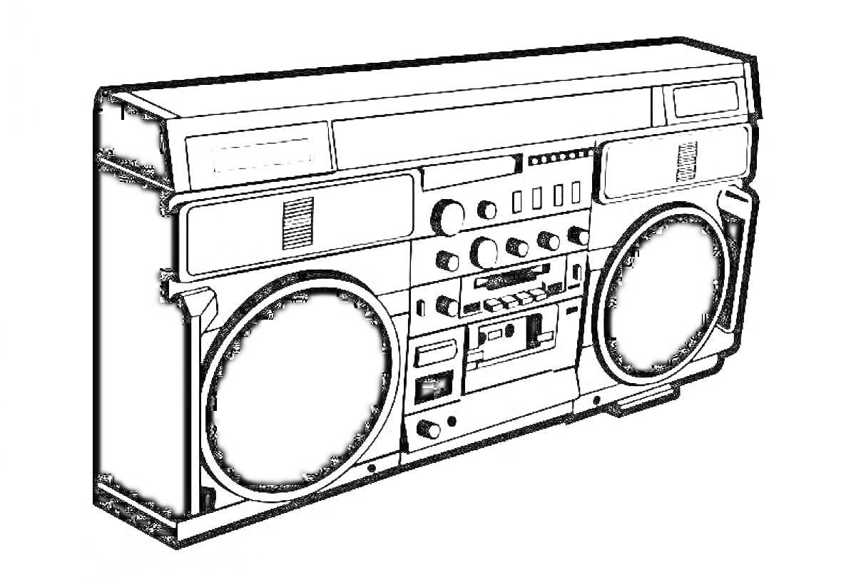 Раскраска Магнитофон с кнопками управления и динамиками