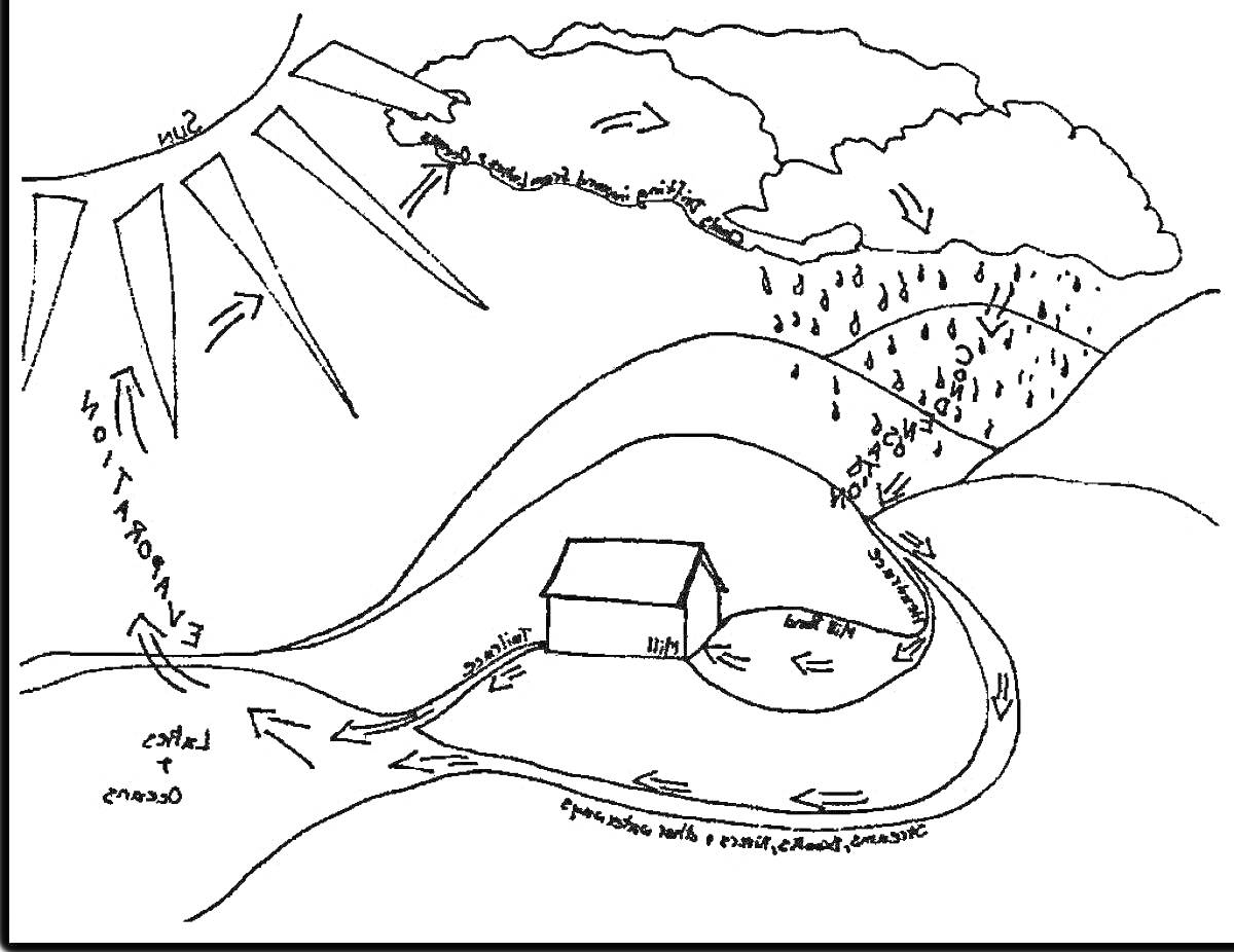 Круговорот воды в природе - солнце, облака, горы, лес, дом, река, стрелки направлений