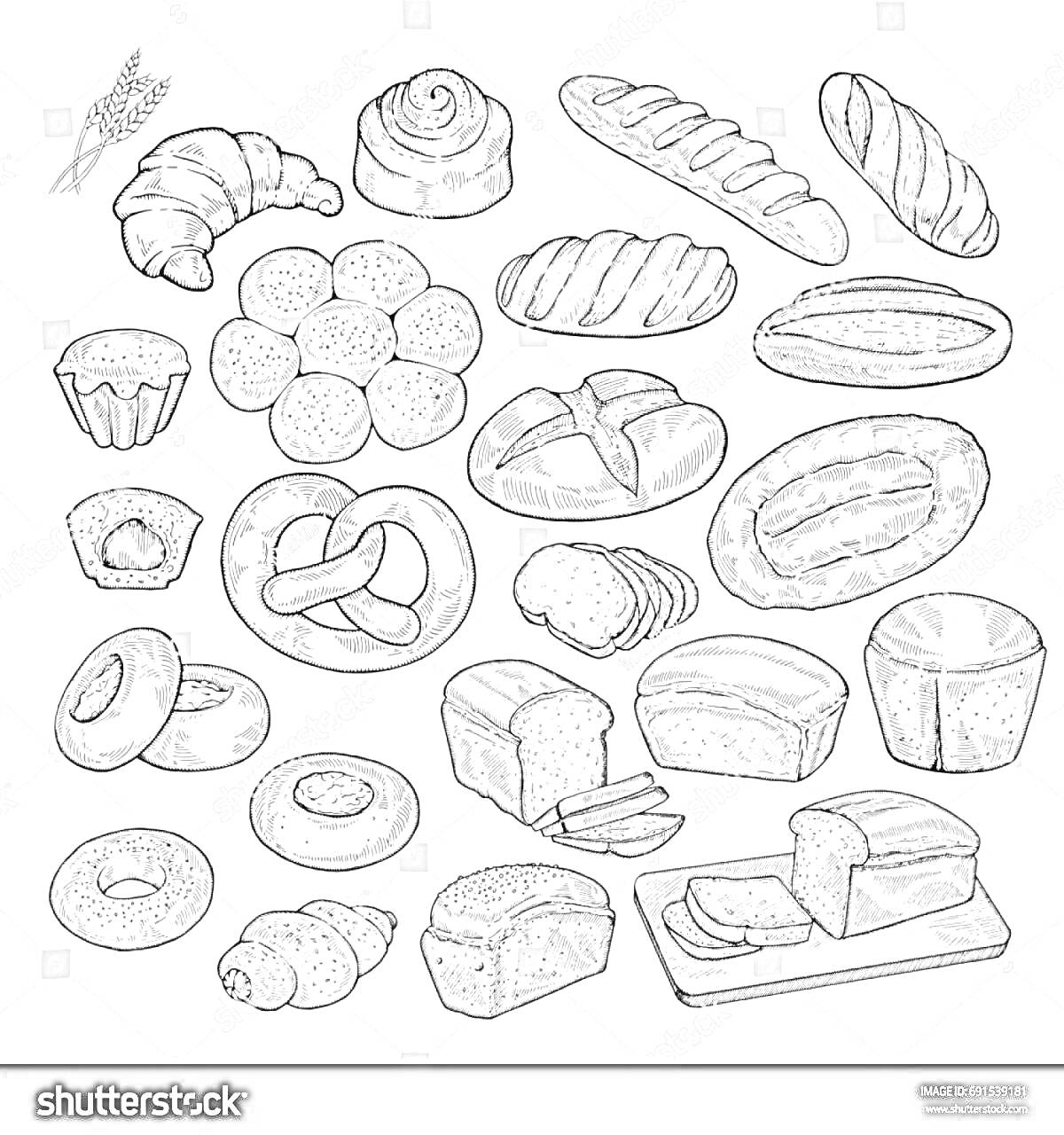 Раскраска Разнообразие хлебобулочных изделий с круассанами, маффинами, крученым хлебом, багетами, булочками, кренделями, хлебными нарезками и батонами