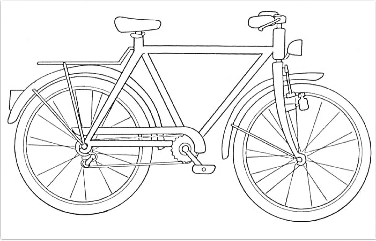 На раскраске изображено: Велосипед, Багажник, Руль, Педали, Колёса, Фары, Крылья, Цепь