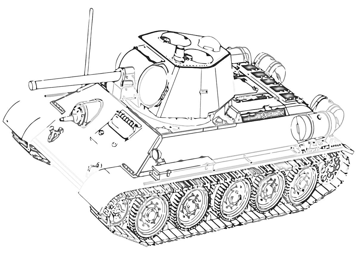 На раскраске изображено: Танк, Т-34, Гусеницы, Военная техника, Башни, Вторая мировая война, Контурные рисунки