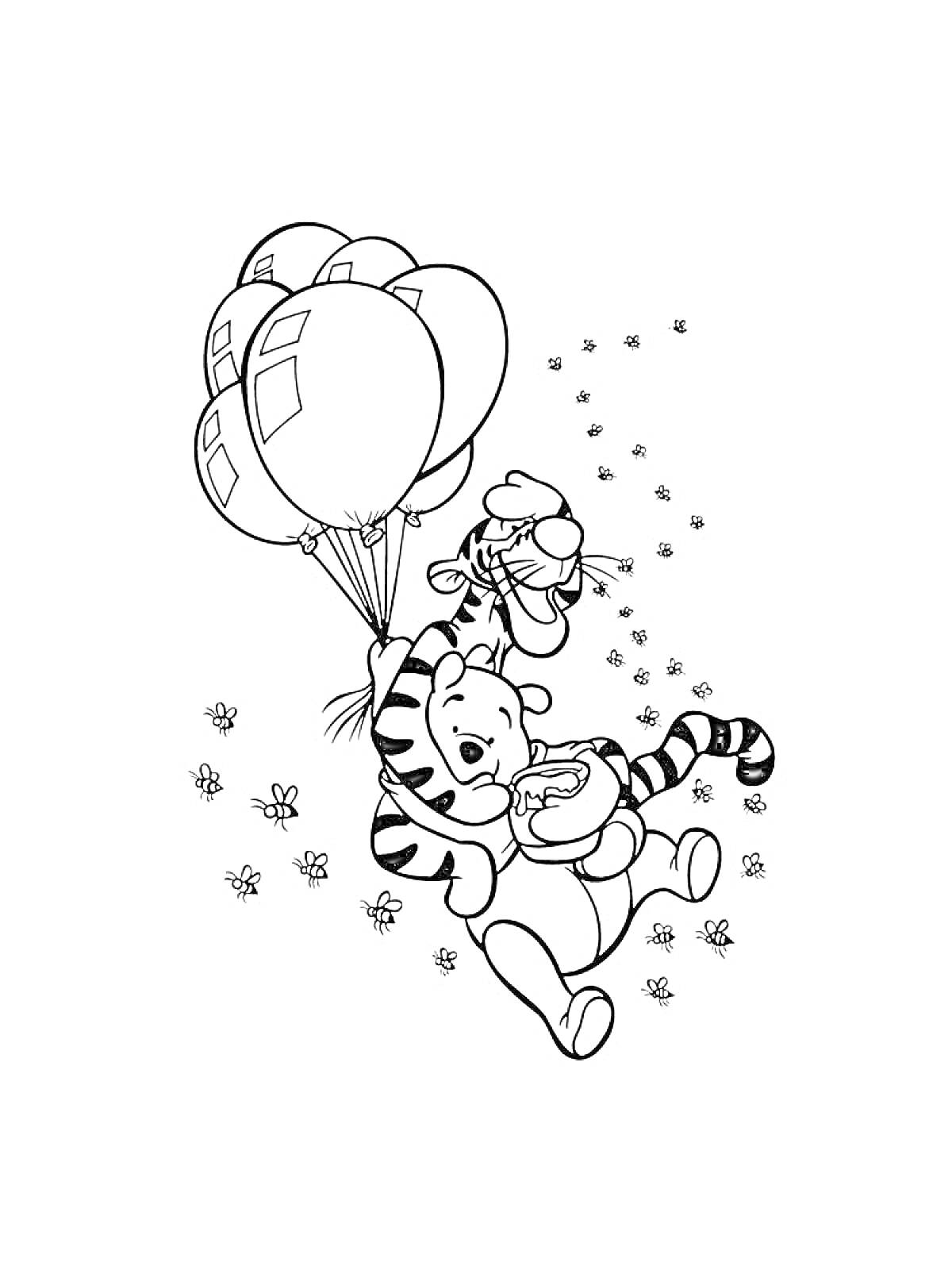 Раскраска Тигр с воздушными шариками и бабочками