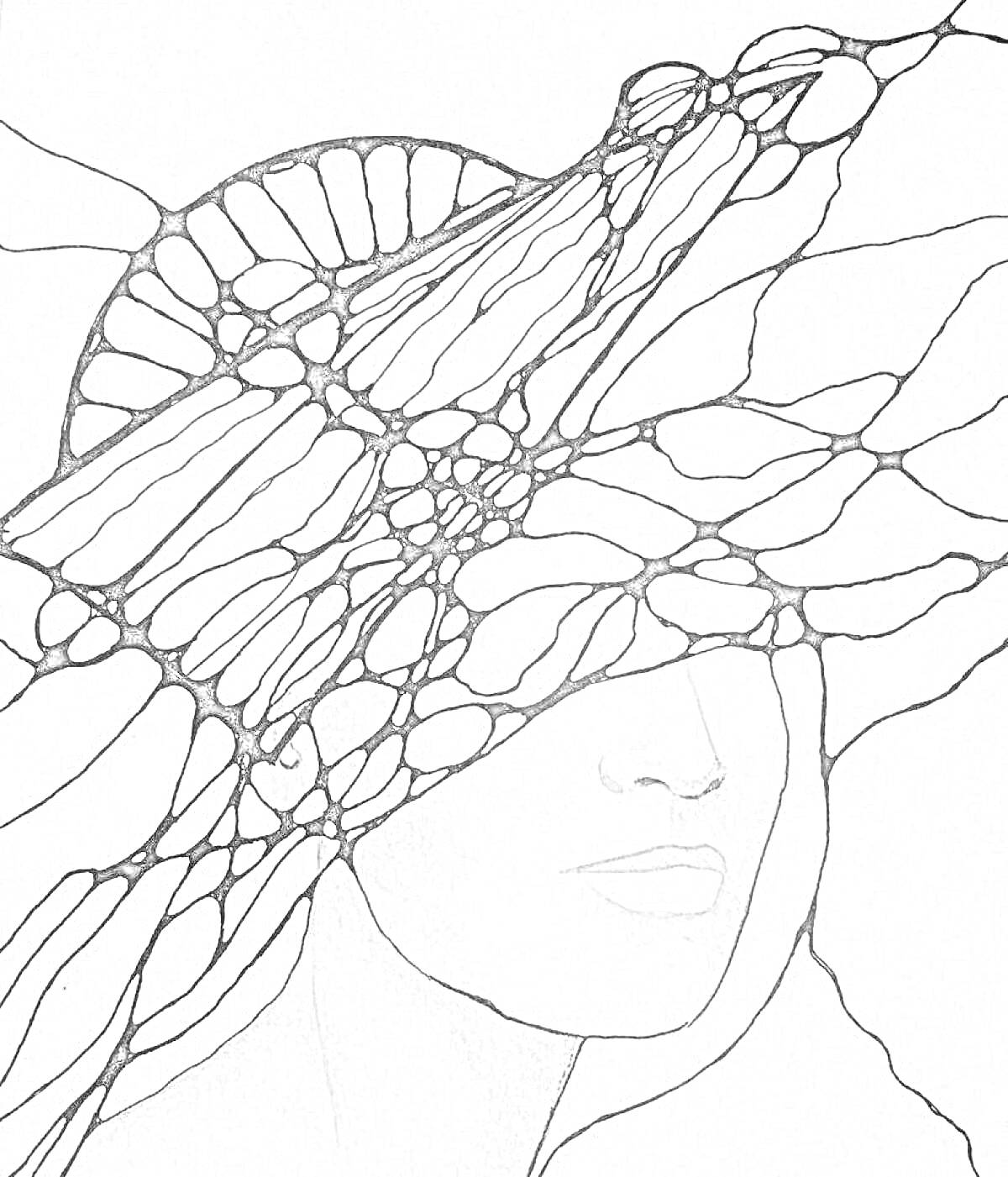 Раскраска Лицо женщины с абстрактными нейрографическими линиями, пересекающими её лицо и пространство вокруг.