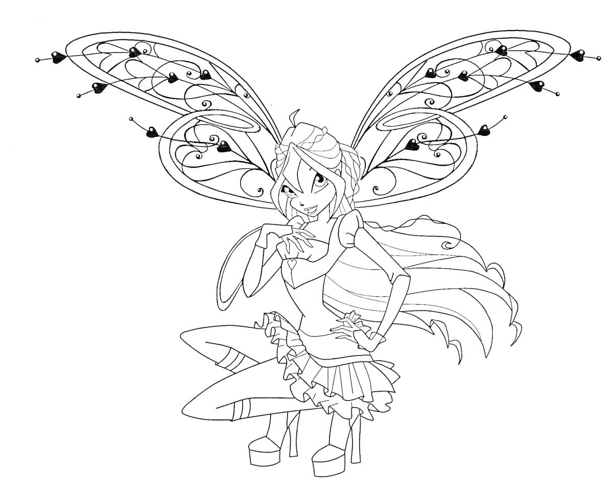 Раскраска Фея Винкс с длинными волосами и большими крыльями, в платье и на каблуках