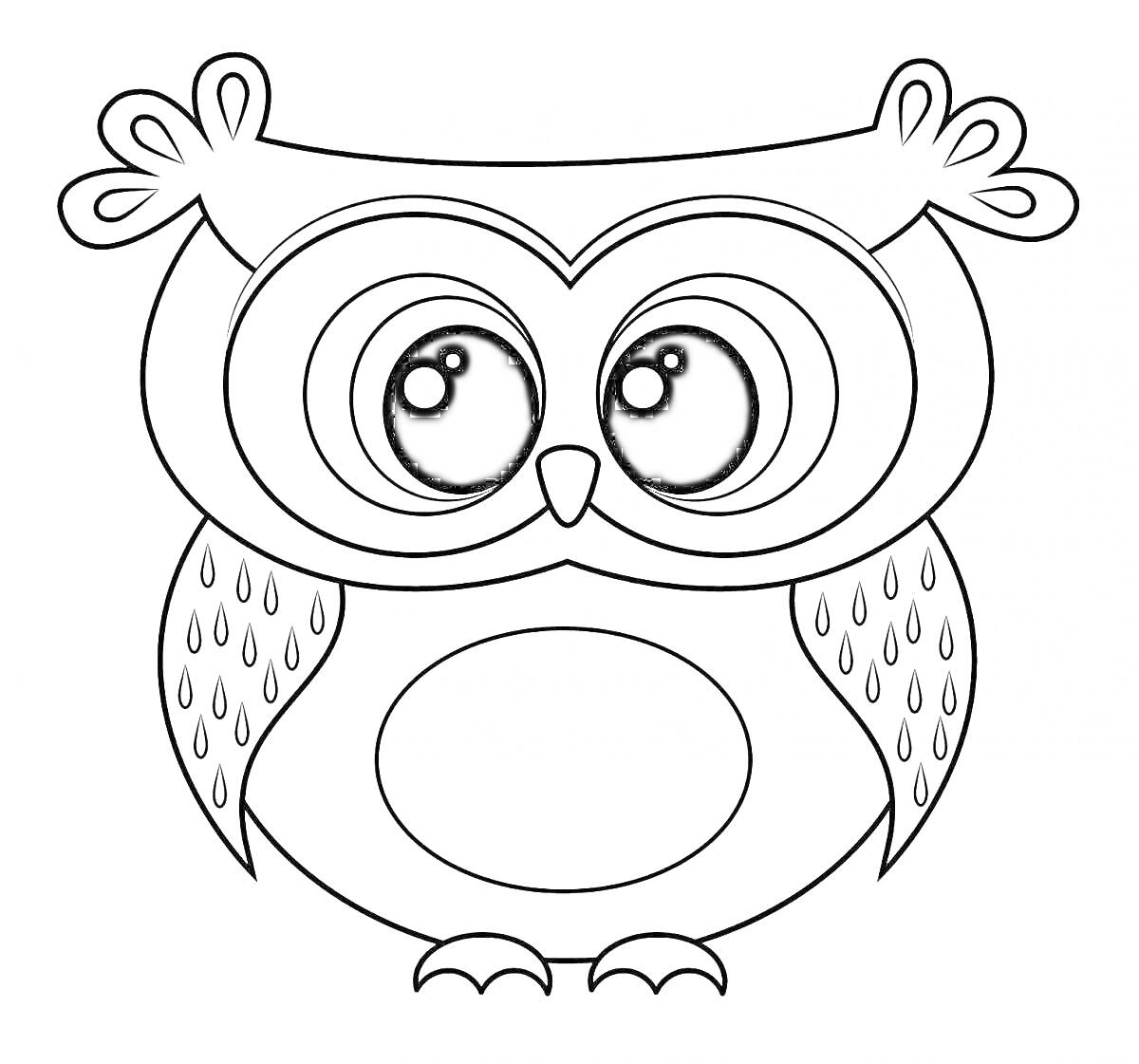 Раскраска Раскраска - Сова с большими глазами и перьями на крыльцах, для детей