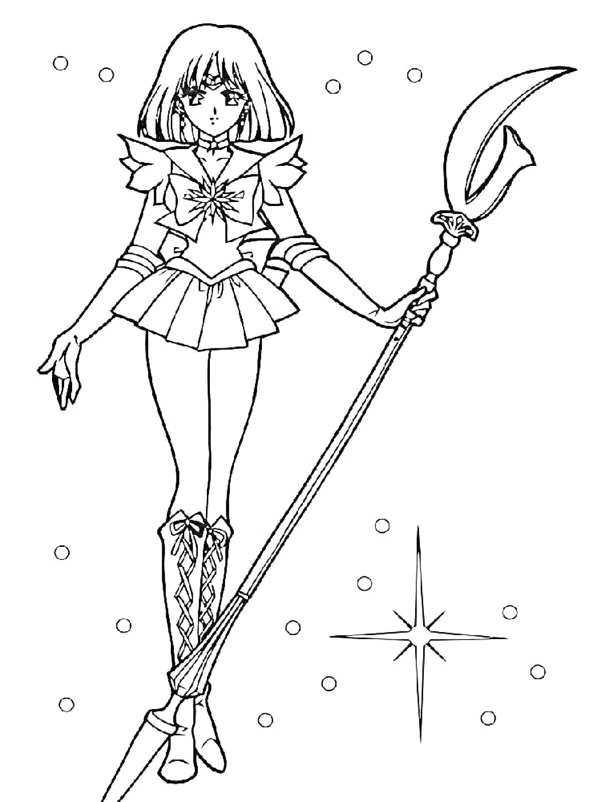 Раскраска Сейлормун, стоящая с жезлом в руке, с короткой стрижкой, в костюме воина, с фоновыми звездами и точками