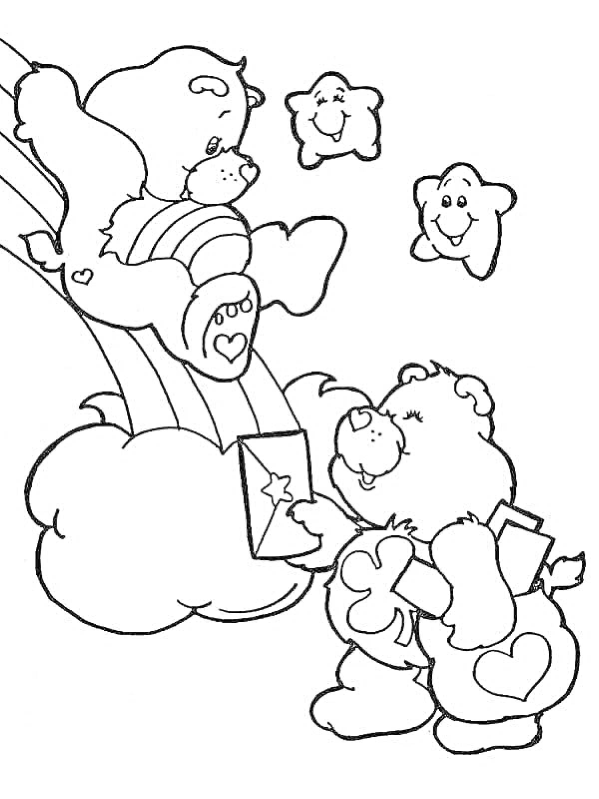 Раскраска Два заботливых мишки, один из которых держит конверт под звездами с улыбками, на фоне радуги и облаков