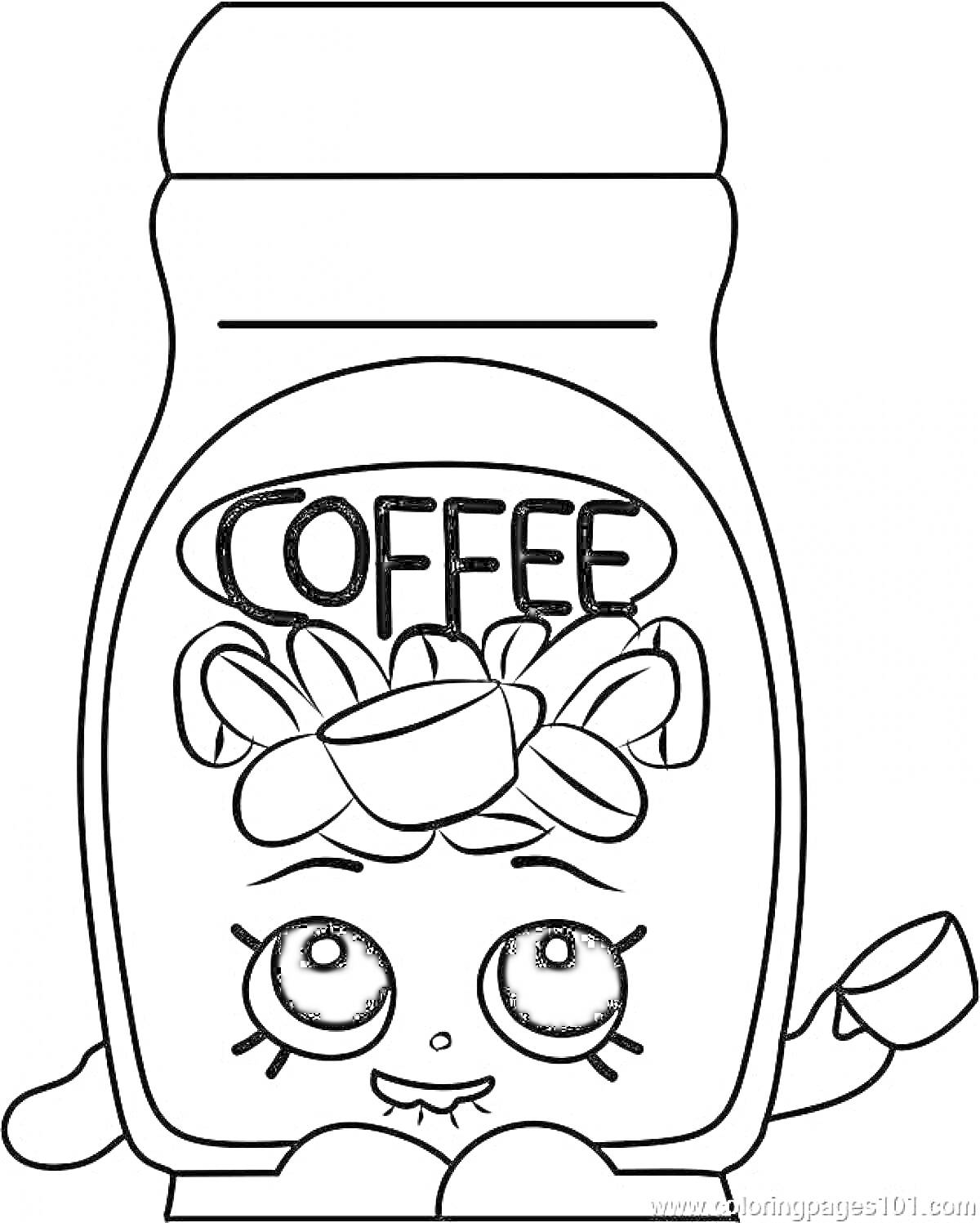 Раскраска Банка с кофе с лицом и чашкой на лапке