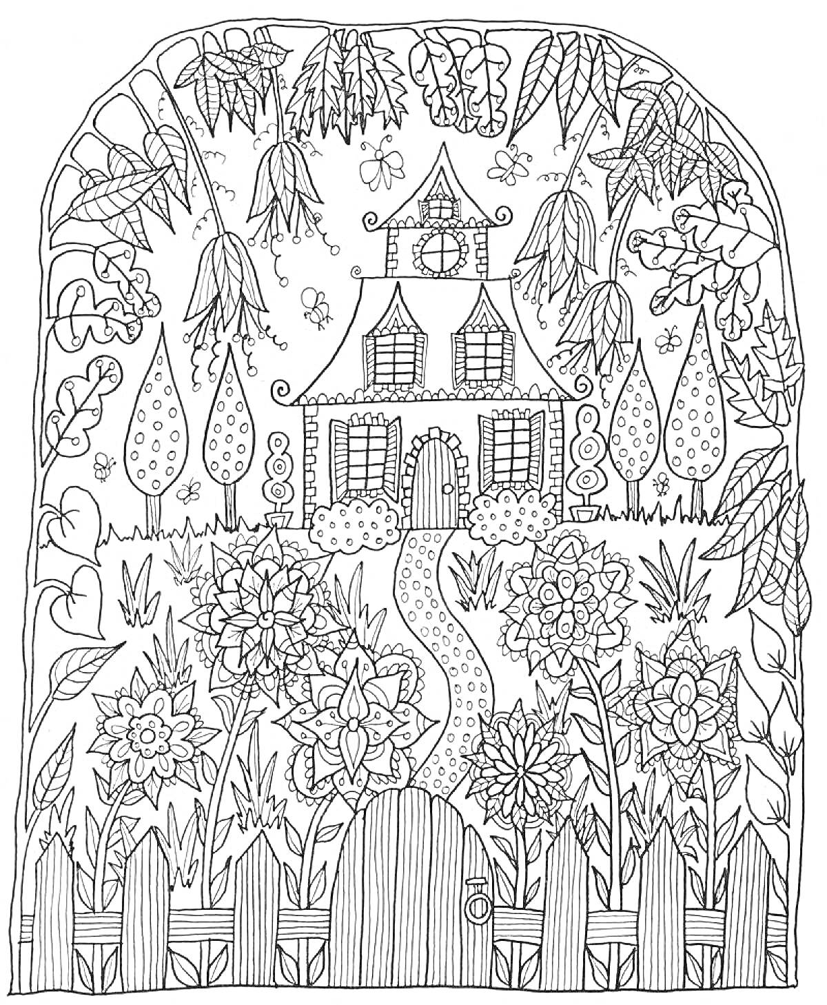 Раскраска Дом в саду среди цветов и растений за забором