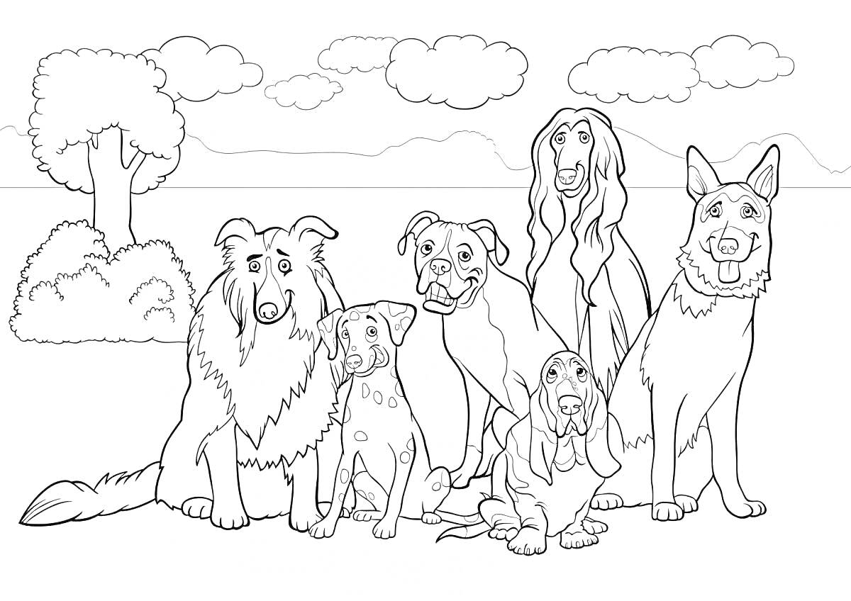 Раскраска Шесть служебных собак на фоне природы с деревом, кустарниками и облаками