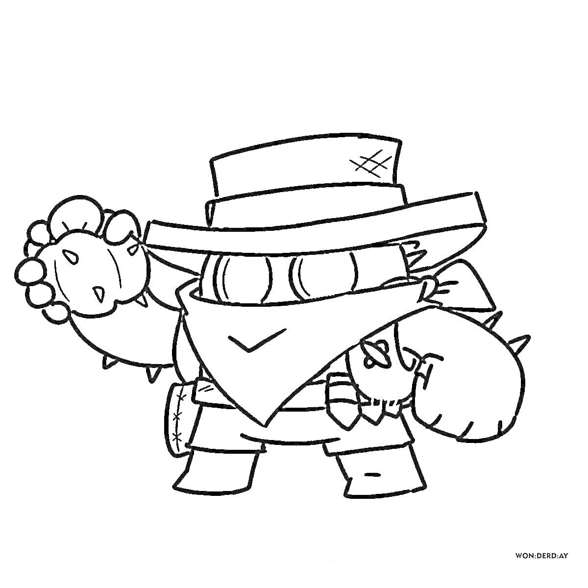 Раскраска Персонаж с широкополой шляпой и маской перед лицом, нарукавниками с шипами, перчатками с шипами, большим шипастым мечом, ремнем и узкими глазками