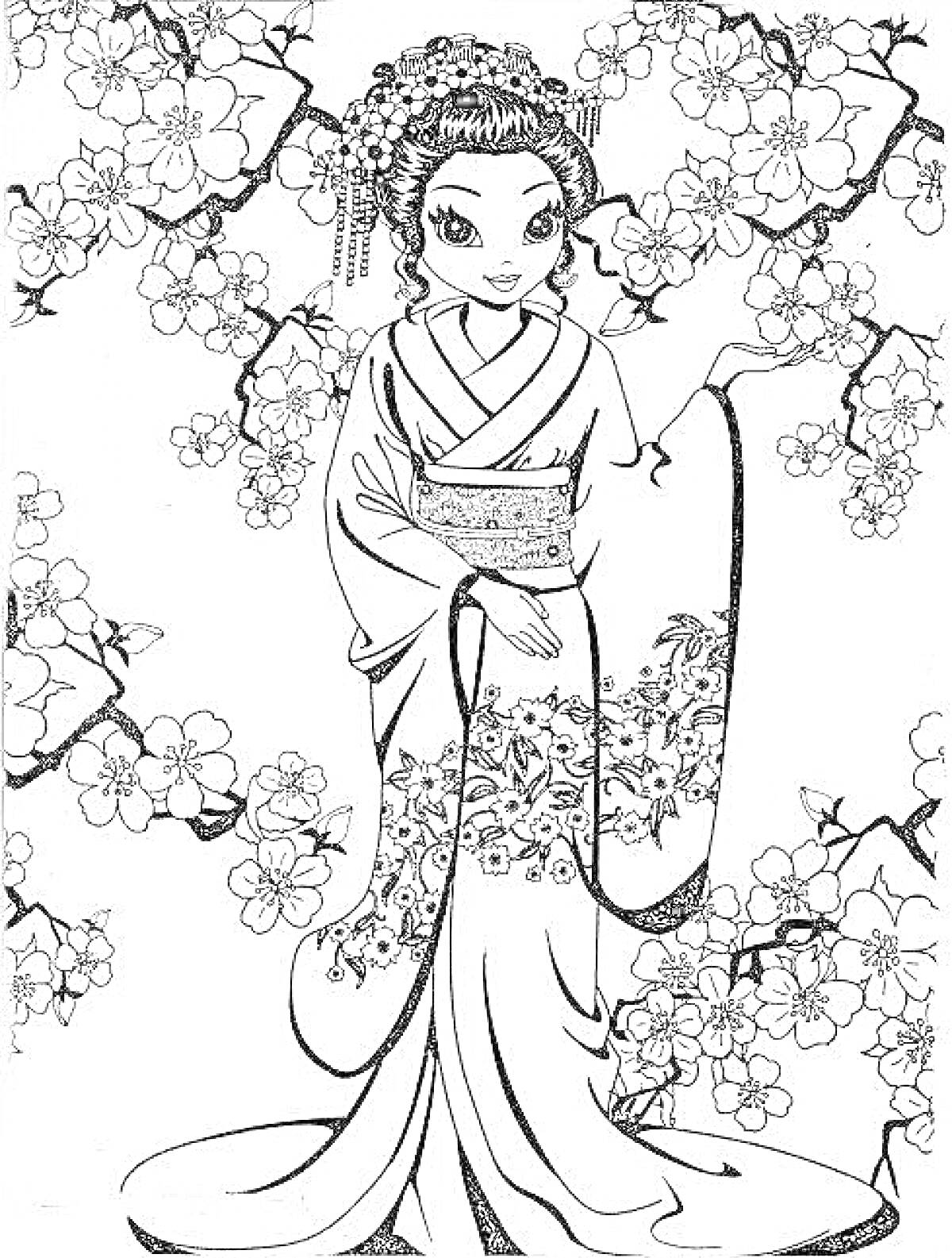На раскраске изображено: Кимоно, Сакура, Традиционная одежда, Японская культура