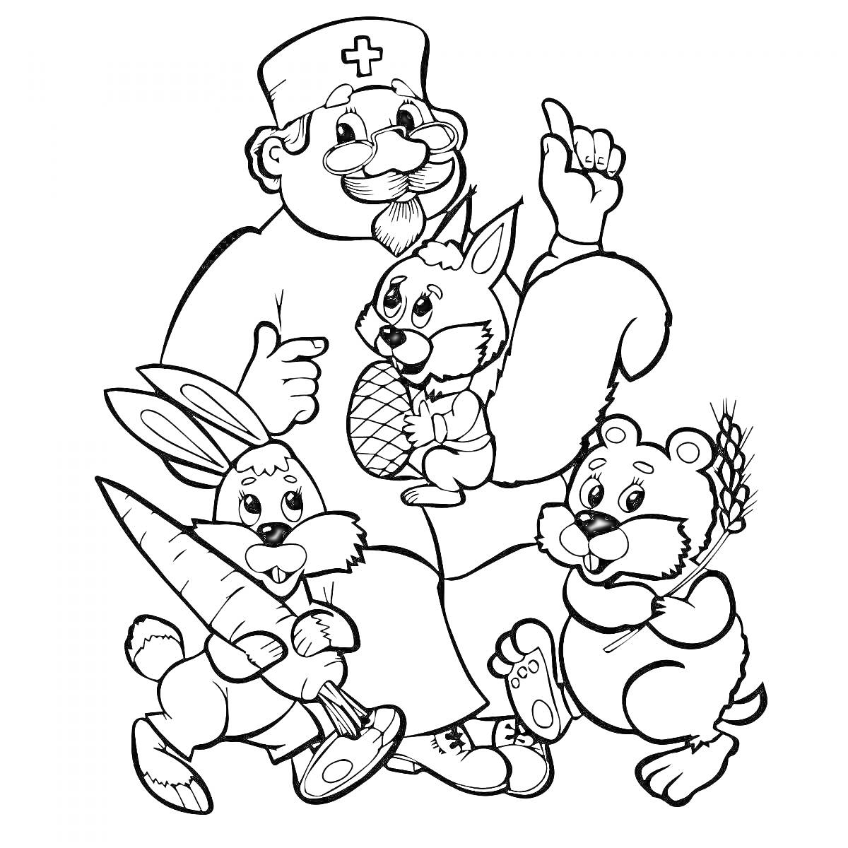 Раскраска Доктор Айболит с больными животными: белка с орехом, заяц с морковкой, медвежонок с забинтованной лапой