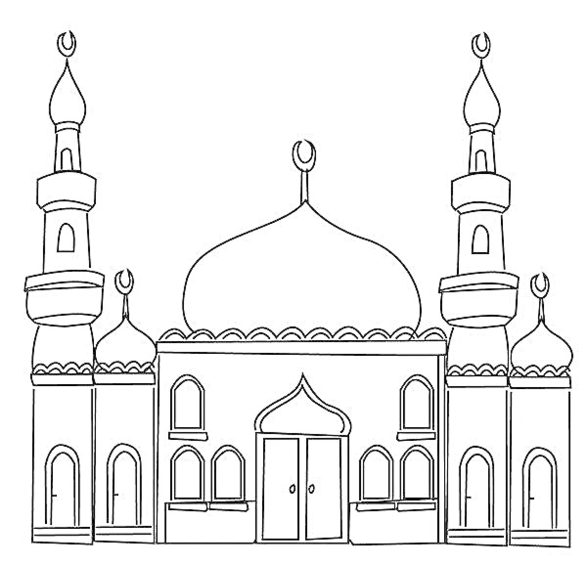 Раскраска мечеть с куполом и четырьмя минаретами, окна, двери