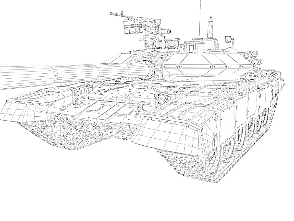 На раскраске изображено: Т-90, Танк, Пушка, Гусеницы, Военная техника, Оружие