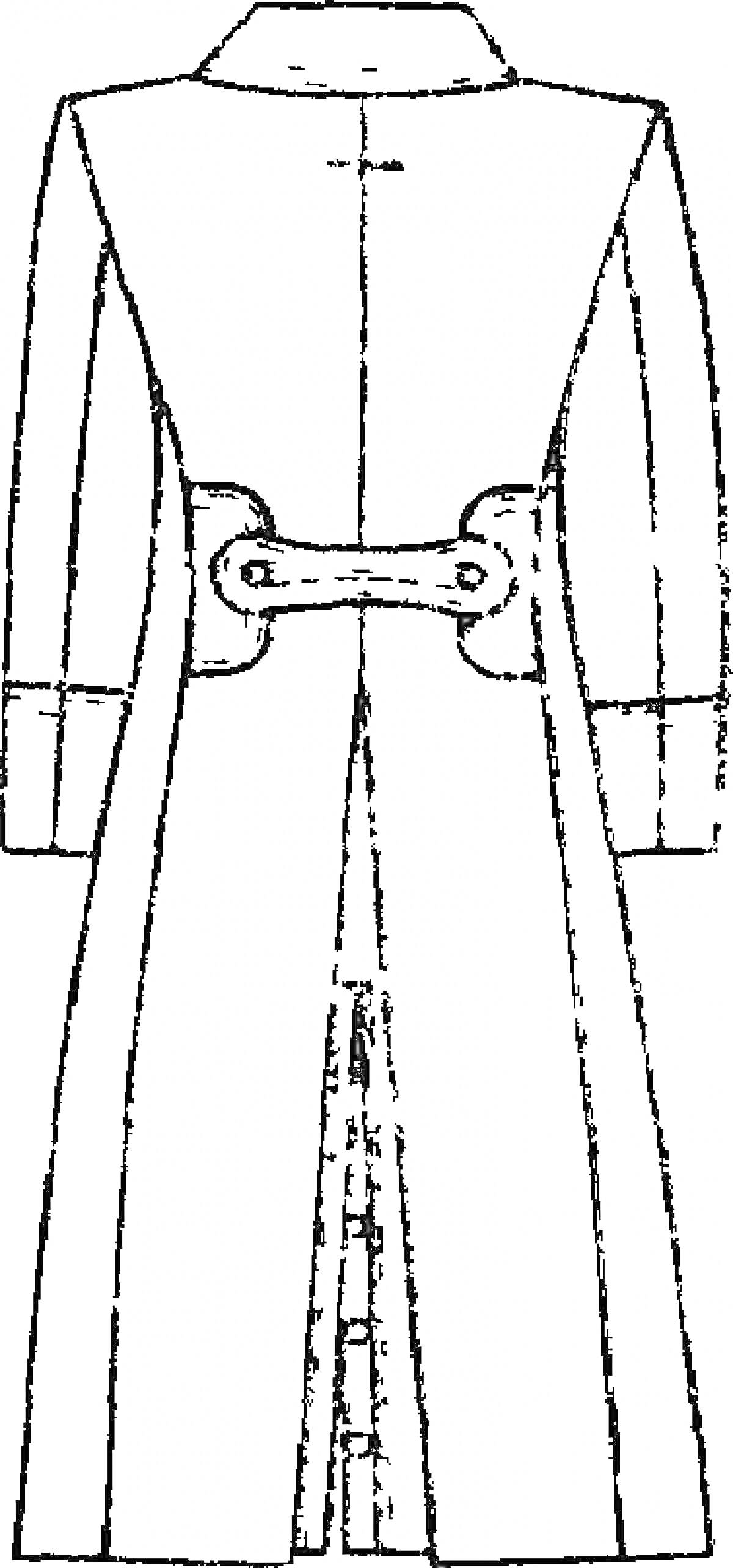 Шинель с воротником стойкой, манжетами и декоративной застежкой на спине.