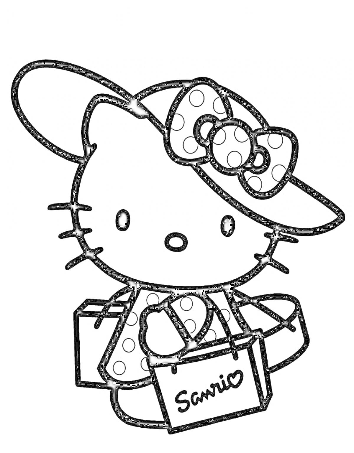 Раскраска Hello Kitty с большими круглыми ушками в шляпе с бантом, в руках держит сумку с надписью 