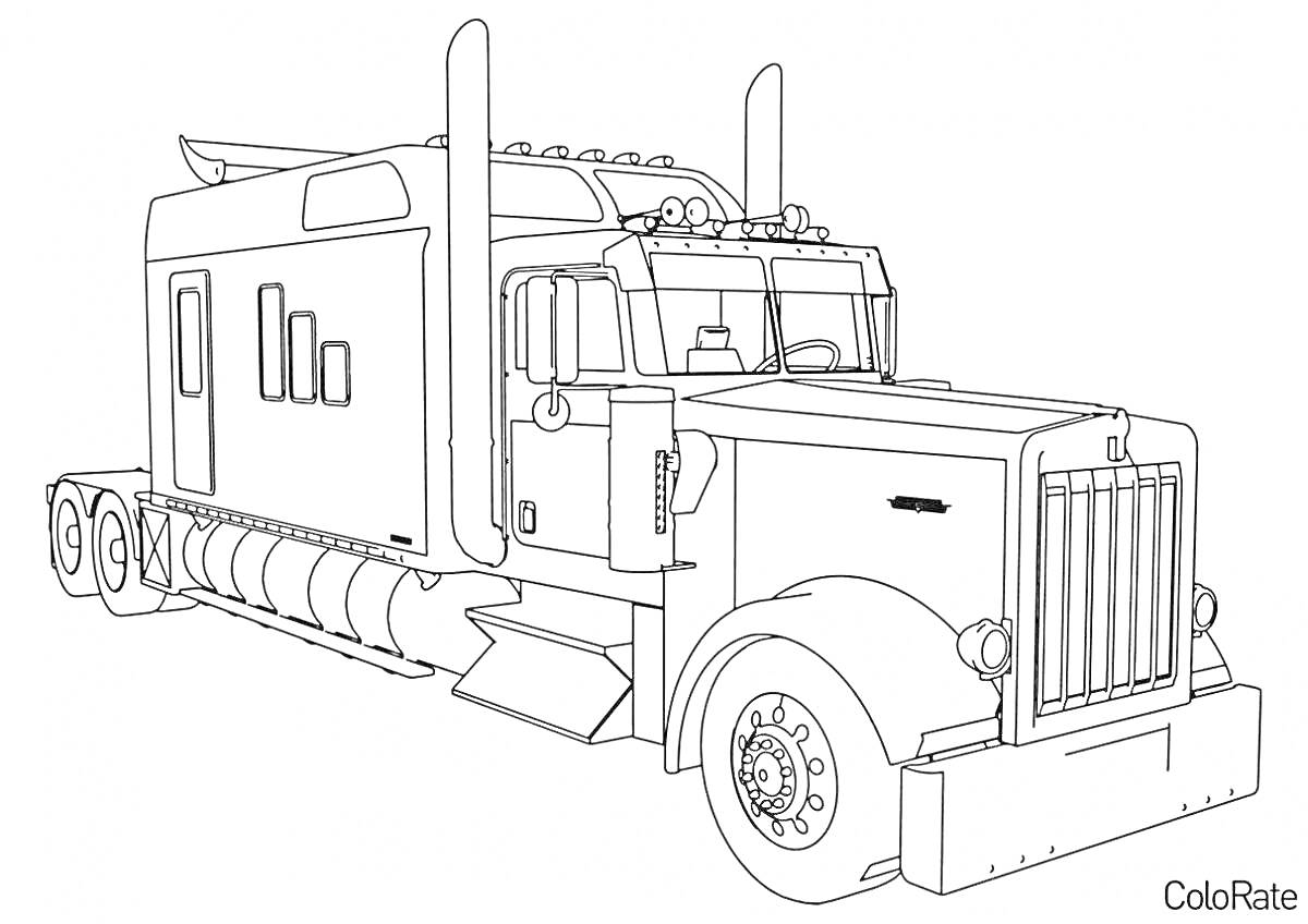 Раскраска Грузовой автомобиль с длинной кабиной, большими колесами и выхлопными трубами