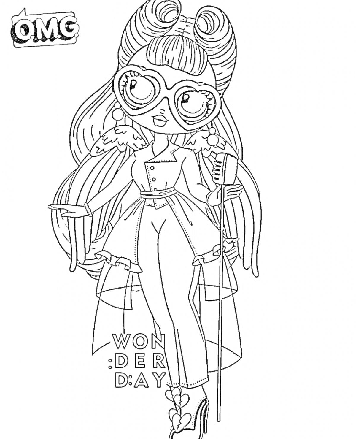 Раскраска Кукла Омж с длинными волосами, очками, крыльями, микрофоном, надписью 