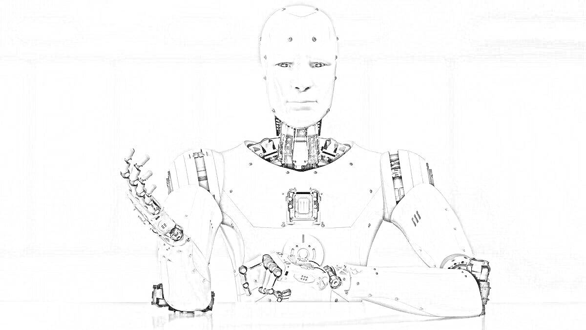 На раскраске изображено: Искусственный интеллект, Робот, Гуманоид, Будущее, Окна, Интерьер