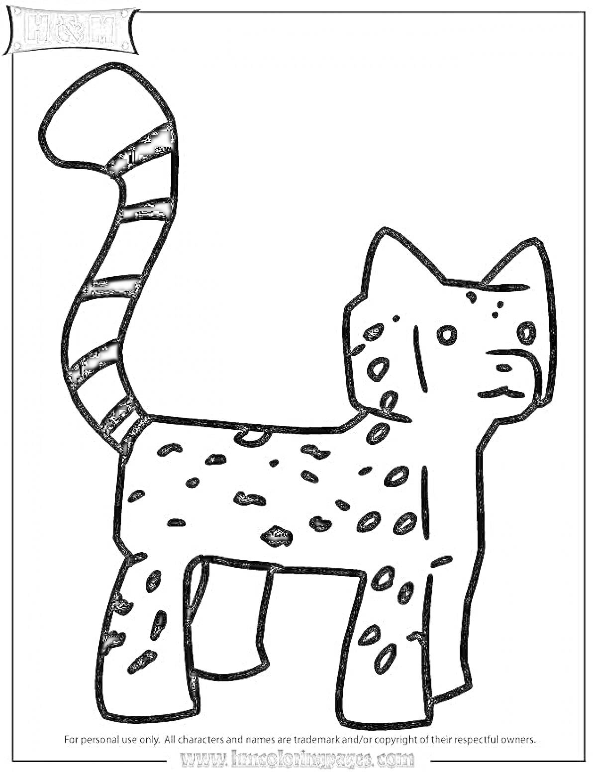 Раскраска Котик из Майнкрафта с пятнистым узором и полосатым хвостом