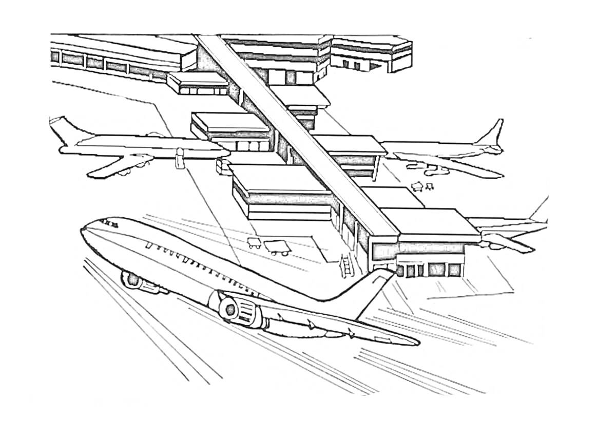 Раскраска Аэропорт с самолетами, зданиями терминала и взлетно-посадочной полосой