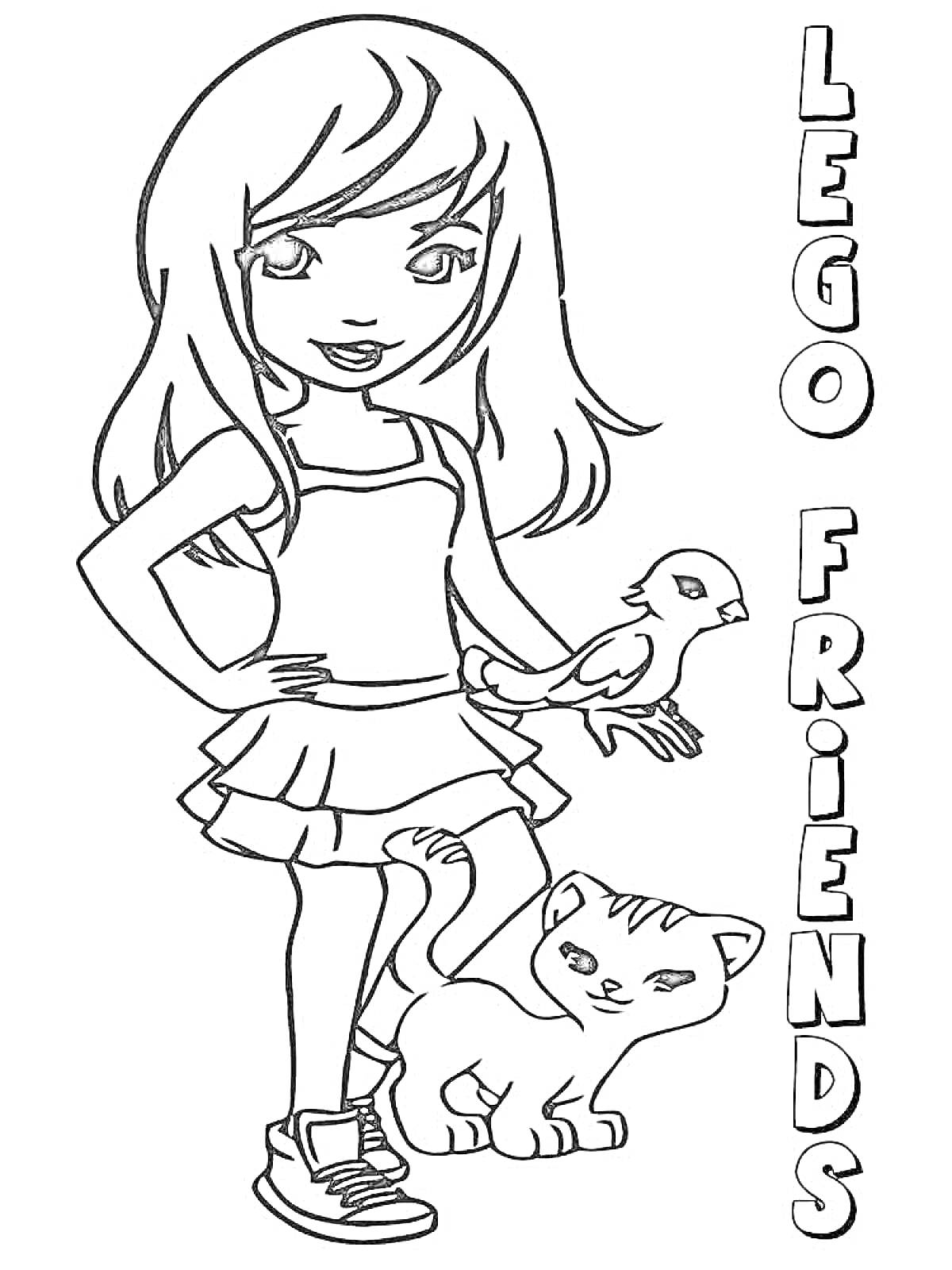Раскраска Девочка с попугаем на руке и котенком у ее ног, надпись LEGO Friends сбоку