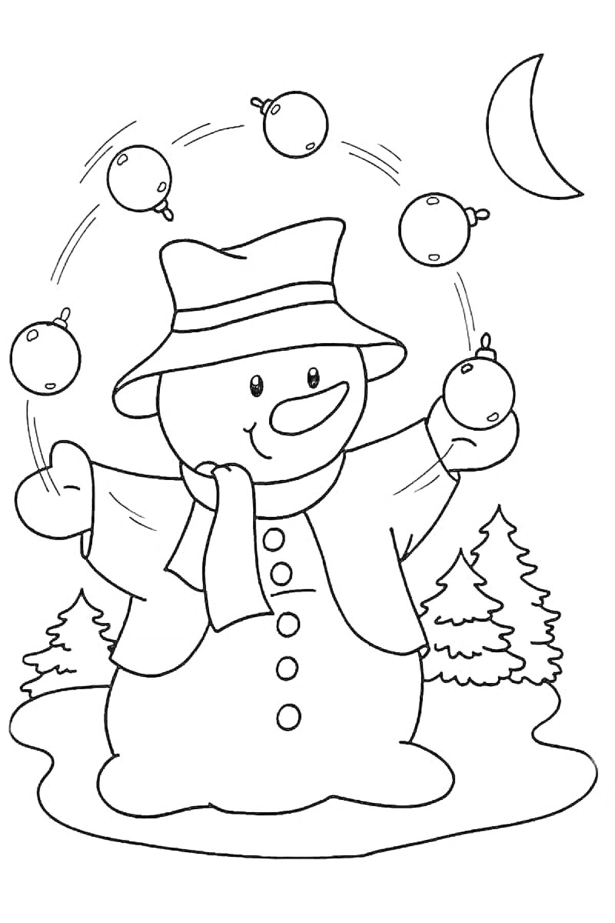 Раскраска Снеговик, жонглирующий шарами рядом с елью и луной