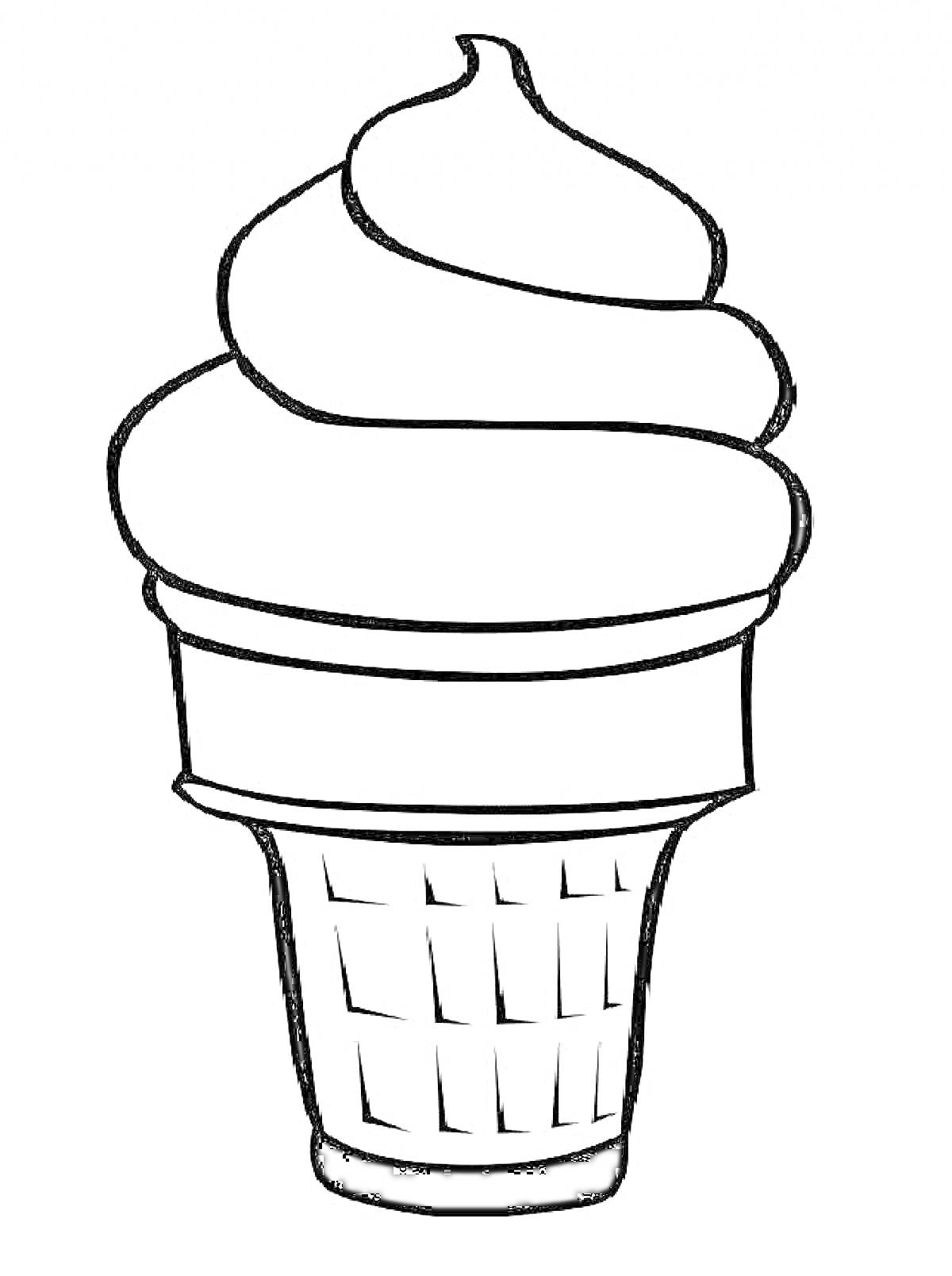 На раскраске изображено: Мороженое, Вафельный рожок, Еда, Десерты