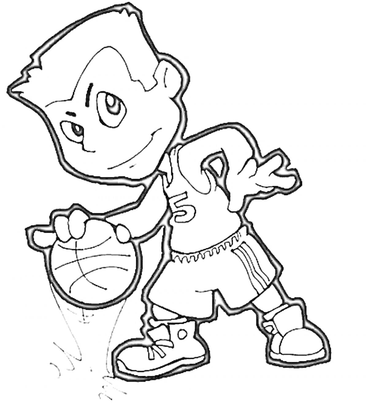 Раскраска мальчик играет в баскетбол, мяч, баскетбольная форма, кроссовки