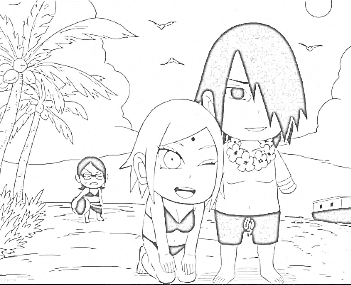 Раскраска Саске и Сакура на пляже с Сарой за ними, пальмы, птицы, вода
