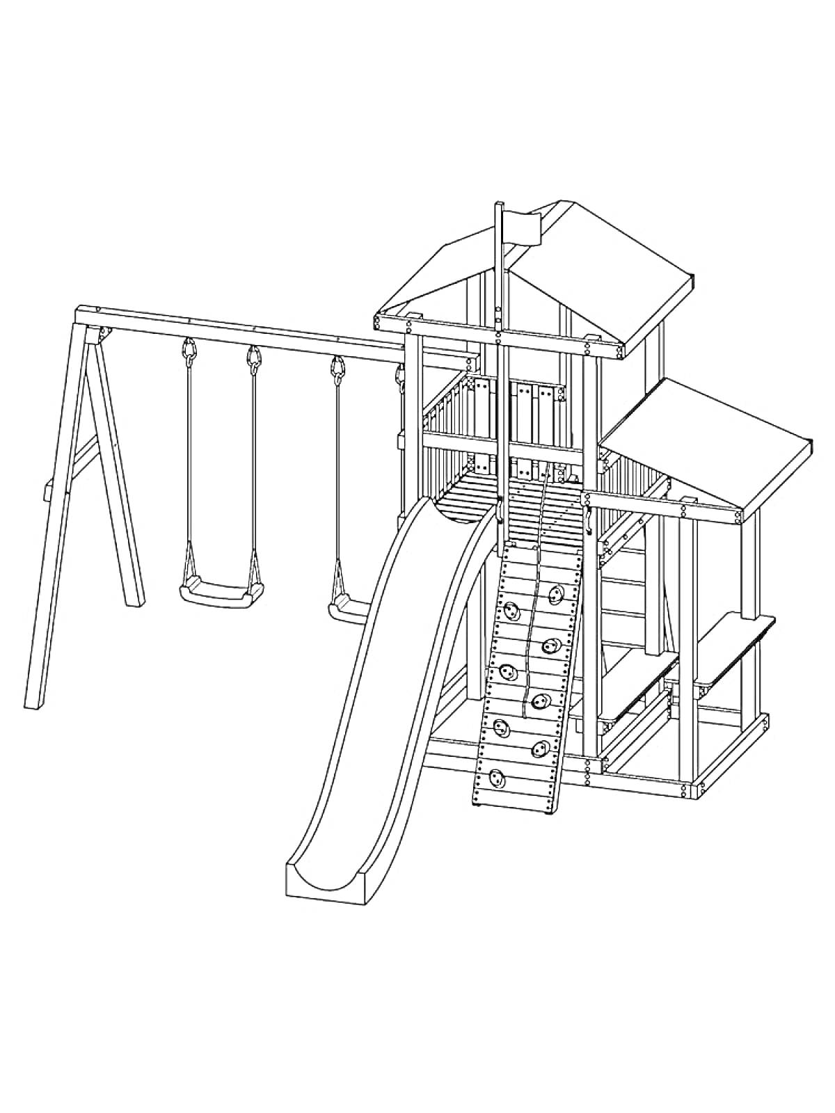 Раскраска Детская площадка с горкой, качелями, лестницами и домиком