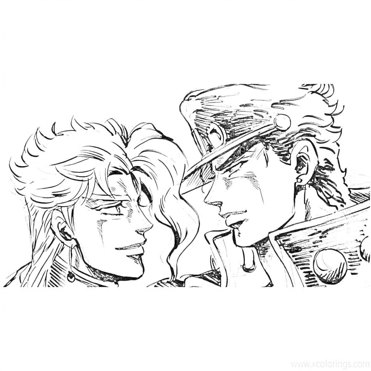 Два персонажа из аниме JoJo's Bizarre Adventure, один в военной форме и шляпе, второй с длинными волосами, с улыбкой и смотрят друг на друга.