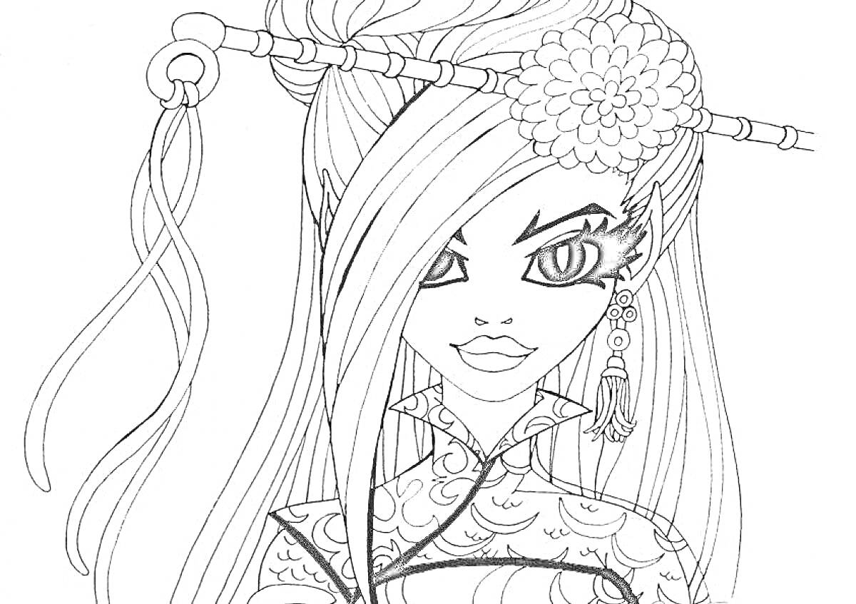 Раскраска Девушка с длинными волосами и цветком в волосах, в азиатском наряде