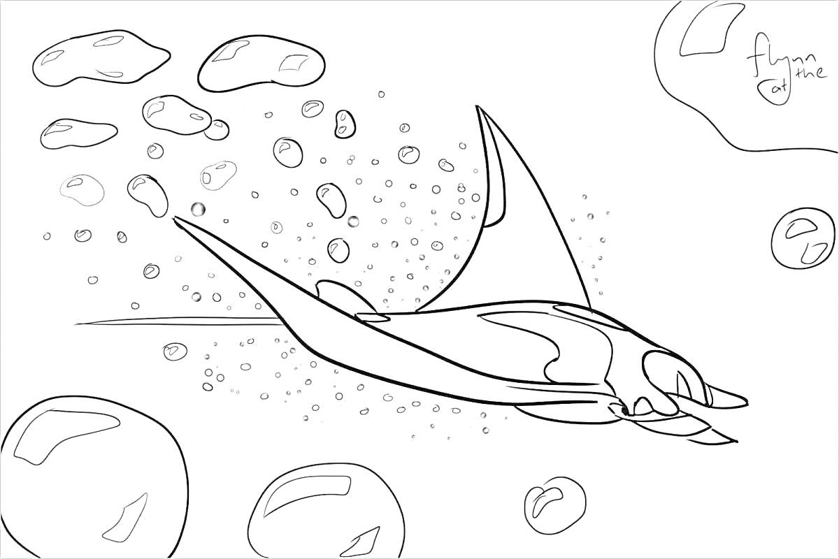 На раскраске изображено: Скат, Манта, Пузыри, Морские животные, Плавание, Подводный мир