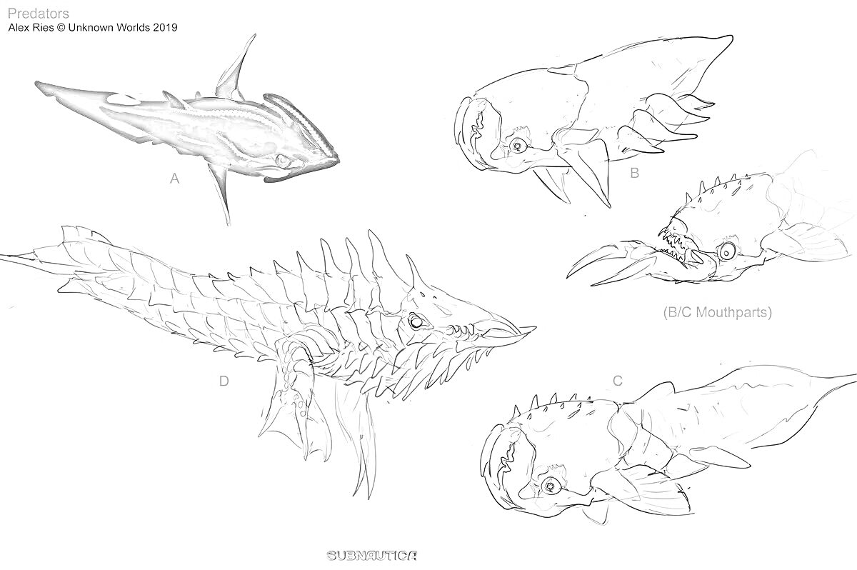 Различные морские существа, включая рыбу с большими плавниками (A), существо с длинными шипами (B), и существо с хвостом и большим ртом (C)
