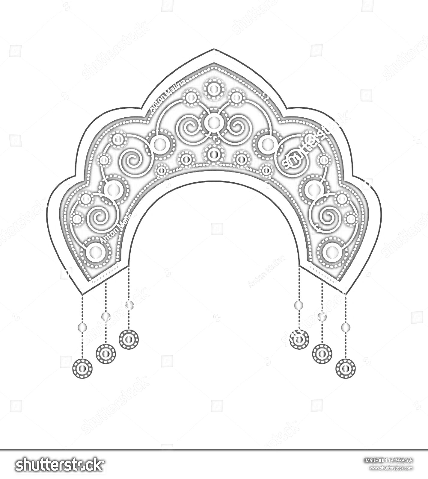 Раскраска Кокошник с декоративными узорами, разноцветными круглыми камнями и свисающими украшениями
