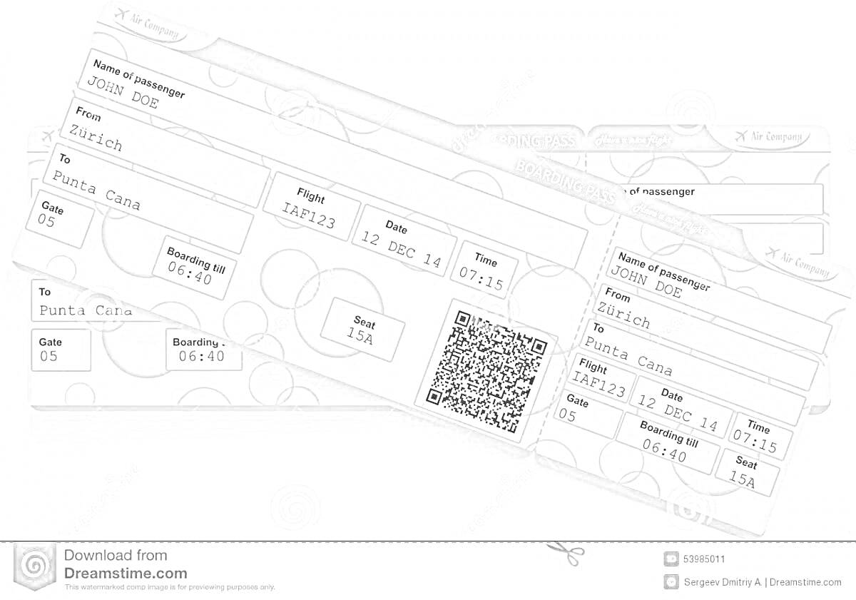 Раскраска Два авиабилета с QR-кодом и информацией о пассажире