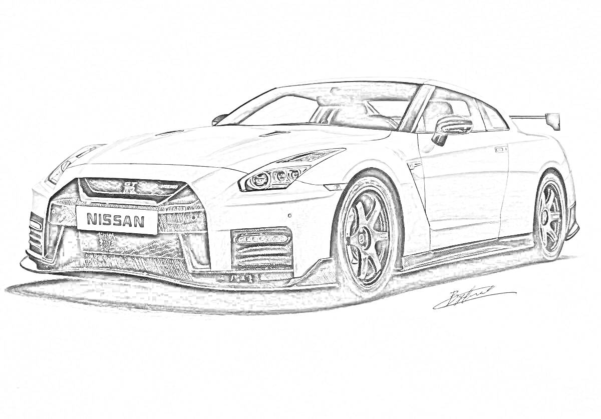 Раскраска Спортивный автомобиль Nissan GT-R R35 с деталями переднего бампера, фар, колес и спойлера