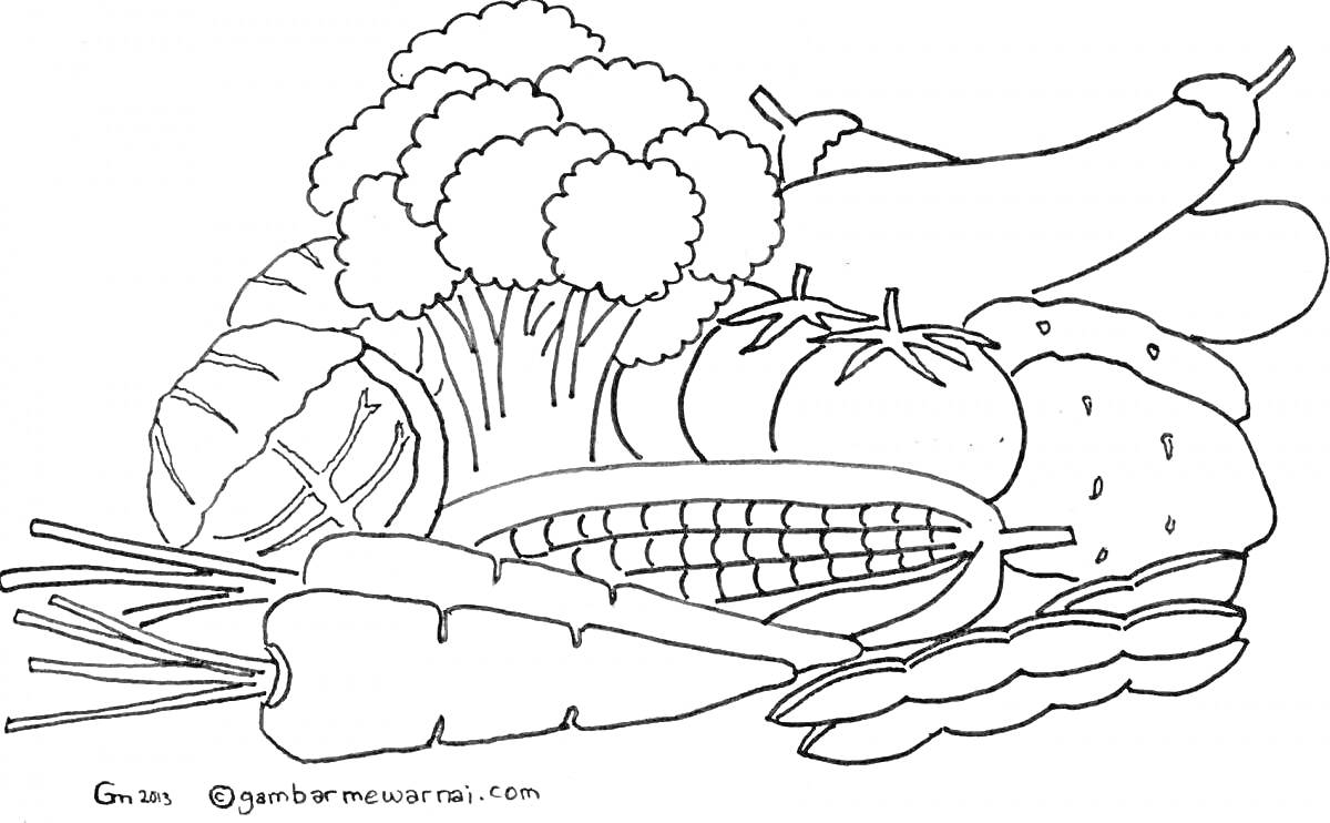 Раскраска Овощной натюрморт: морковь, кукуруза, помидор, брокколи, картофель, баклажан, чеснок